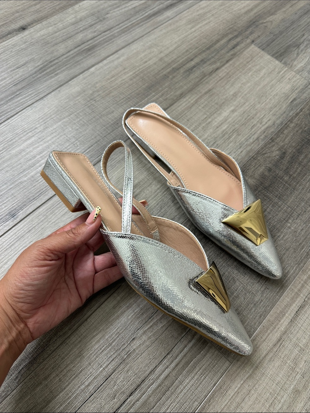 SHEIN Silver Pointed Slingback Flats with Gold Accent